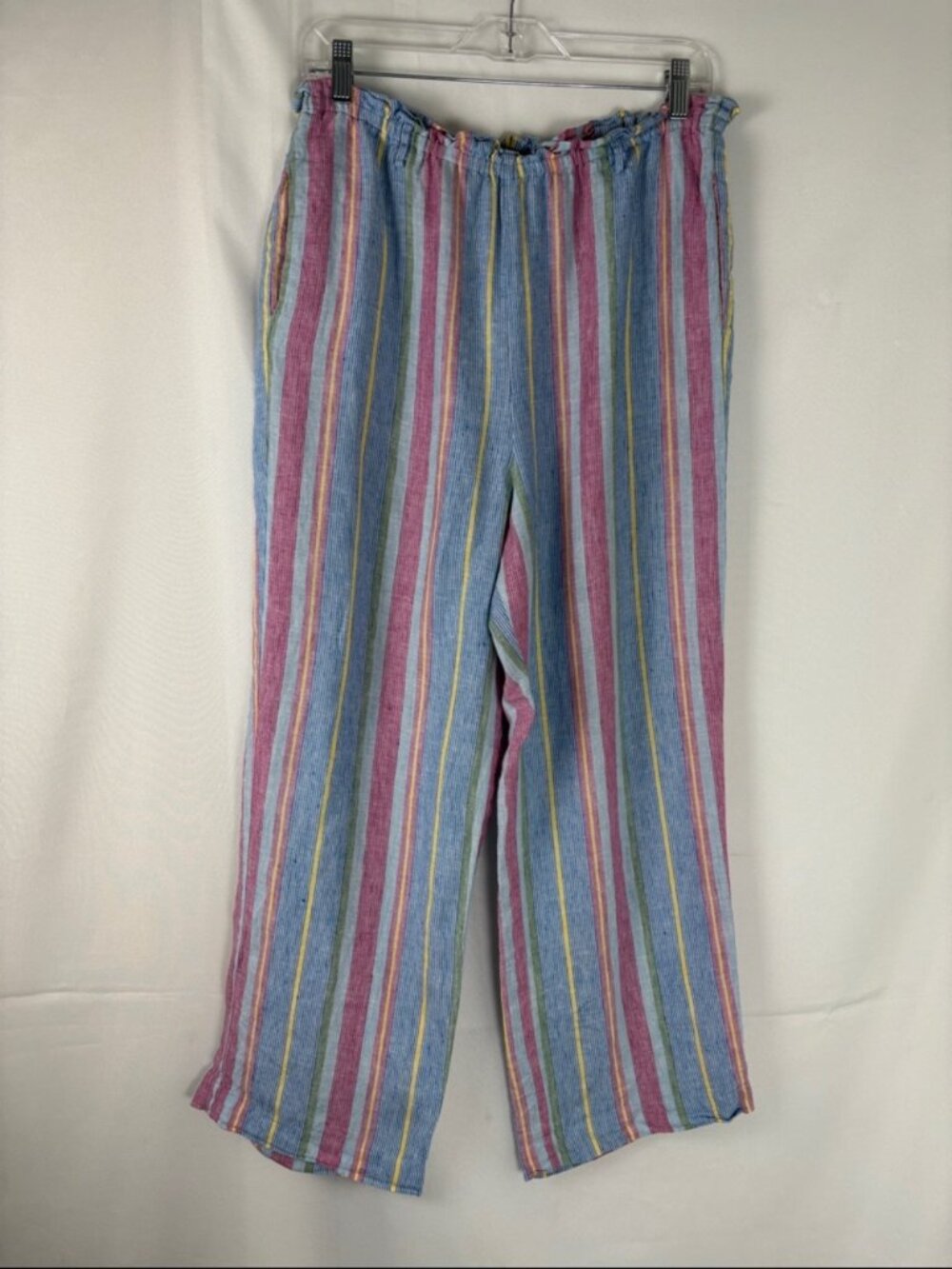 FRAME 100% Linen Striped Pants Women's Size Medium M Multicolor Elastic Waist - Picture 2 of 8